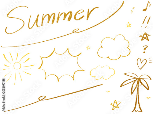 ゴールド手書きのSummerロゴと夏のあしらいセット