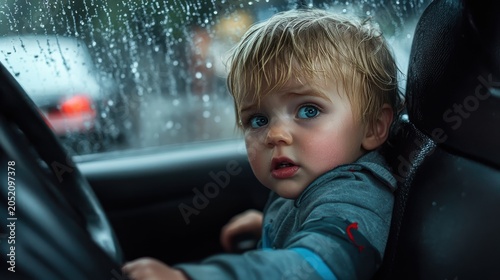 A cute toddler with striking blue eyes and messy blonde hair sits in a car, looking out the rain-streaked window
