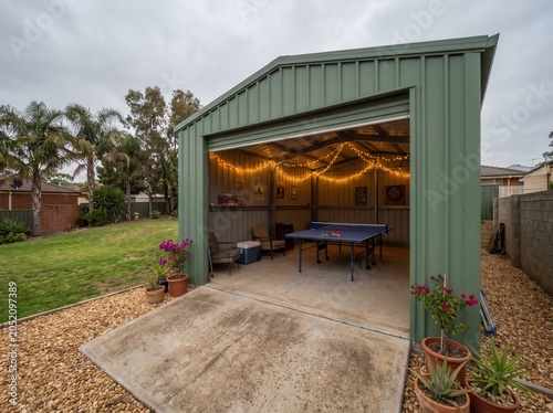 Backyard Metal Shed Converted into Cozy Game Room with Ping Pong Table and String Lights