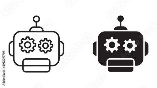 Robot head with gear eyes vector icon set representing artificial intelligence and mechanical thinking in line art and solid black styles for tech branding isolated on white background