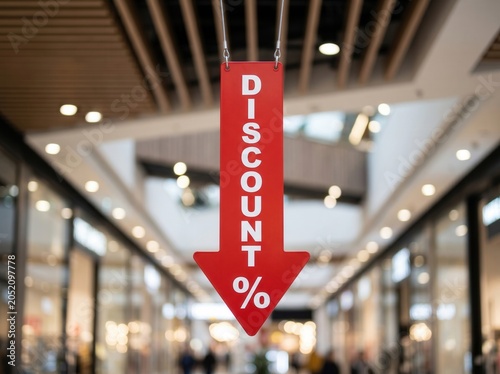 Hanging Red Discount Percentage Arrow Sign in Blurred Shopping Mall
