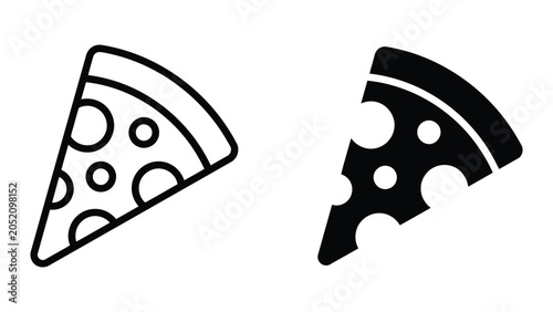 Pizza slice icon set featuring classic outline and bold solid glyph styles for restaurant menu design and food delivery service branding isolated on white background