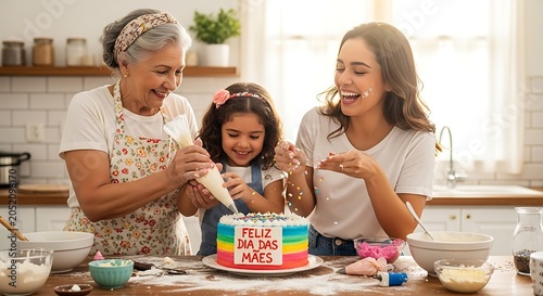 Three generations share joy decorating cake in kitchen scene with sunlight