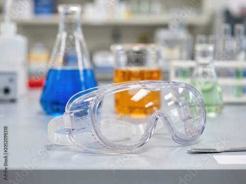 Protective Safety Goggles on a Laboratory Bench with Colorful Chemical Beakers and Flasks