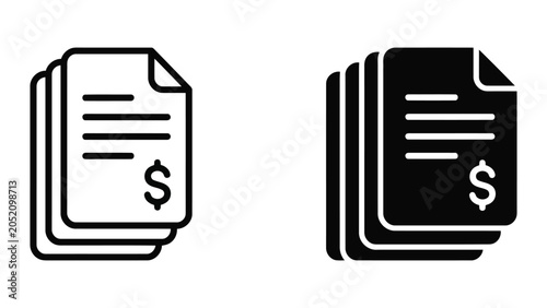 Financial document file icons with dollar sign in linear and solid black styles for business and accounting applications