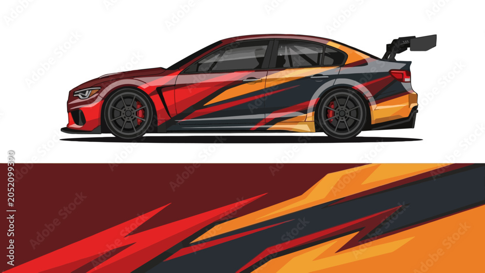 Naklejka premium Vibrant stylized sports car with orange black flame graphics in sleek design.