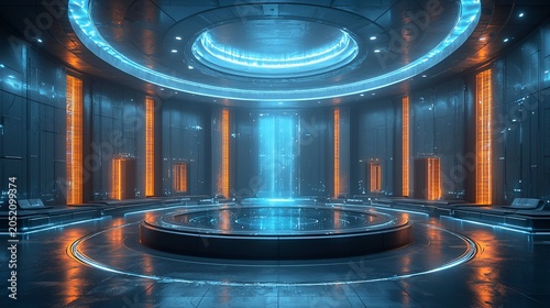 Futuristic circular room with neon lights and water feature.