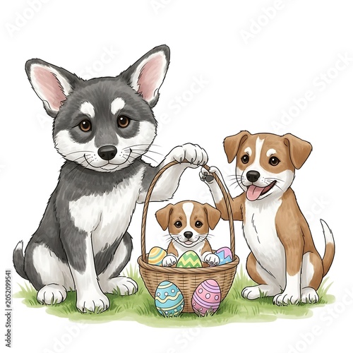 Three playful dogs with easter eggs in basket on white background