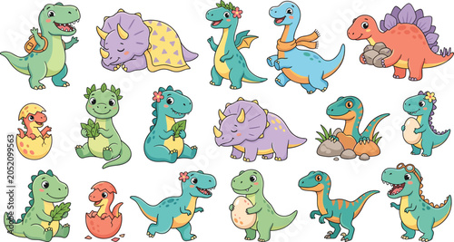 Tableau sur toile Cute Baby Dinosaur Character Collection with Cartoon Prehistoric Animals Featuri