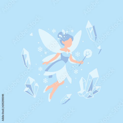 Foto A cute winter fairy flies among ice crystals and snowflakes