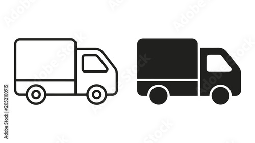 Delivery truck icon set in outline and solid black style for transportation and logistics operations