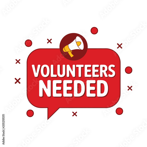 Volunteers needed announcement with megaphone icon and colorful geometric shapes