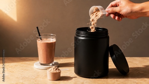 A hand pours protein powder into a black container, with a smoothie glass nearby, set against a warm, minimalist background.