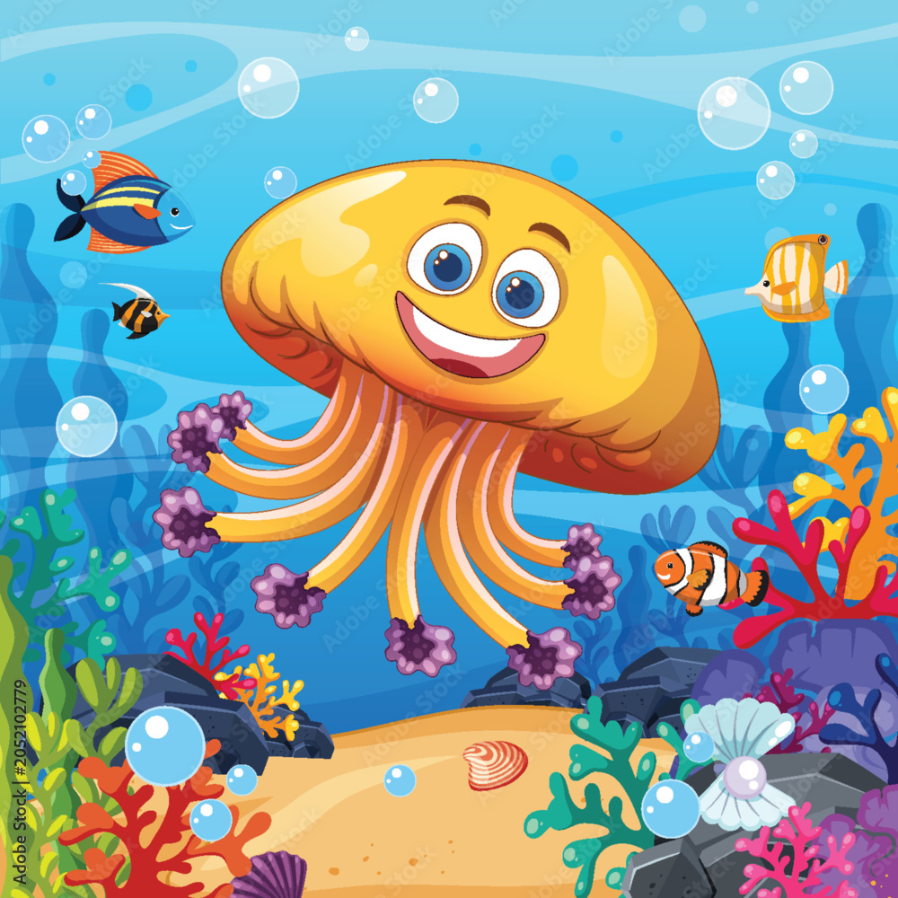 Obraz premium Cartoon Jellyfish Swimming in Colorful Coral Reef Underwater Scene