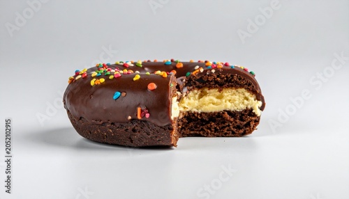 A chocolate frosted donut with sprinkles cut in half revealing creamy filling on a plain surface