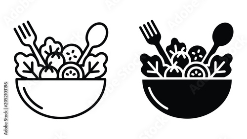 Simple line art and solid black silhouette icons representing a fresh salad in a bowl with fork and spoon for healthy eating and nutrition concepts