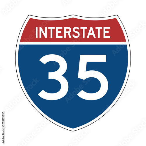 Interstate highway shield sign with number thirty five on a blue background