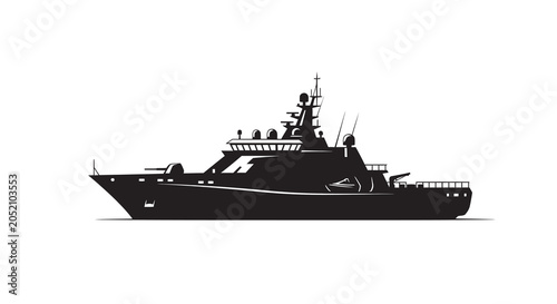 Tableau sur toile Naval Warship Silhouette Against White Background Monochrome Illustration