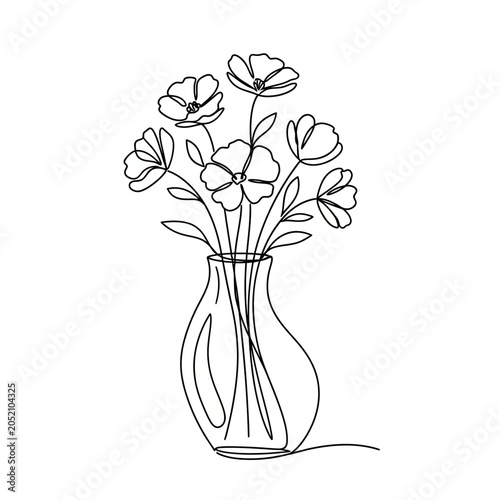 Minimalist single line drawing of a bouquet of flowers in a vase, elegant art.