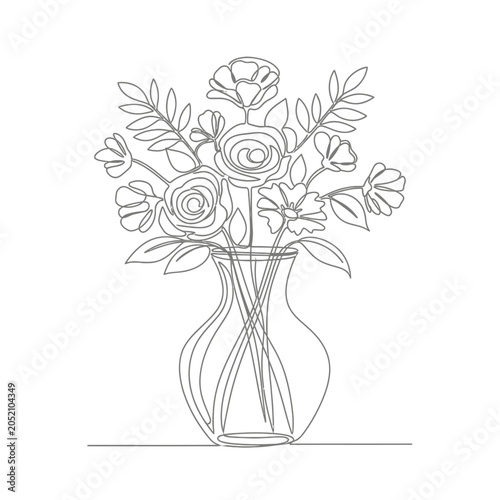 Minimalist single line drawing floral bouquet in glass vase, elegant outline art.
