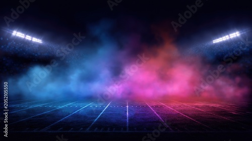 Football stadium at night with dramatic colored smoke under bright floodlights