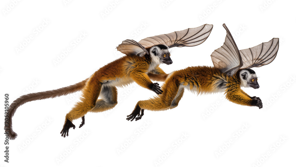 Fototapeta premium Two Red Ruffed Lemurs with Wings Flying