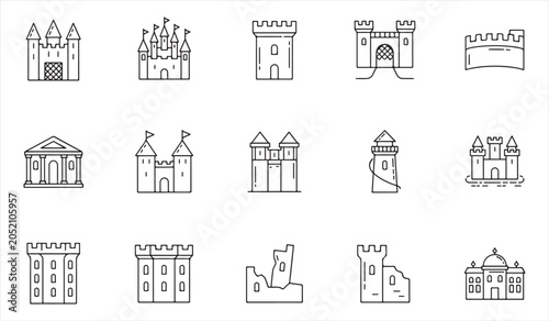 Castle and fortress symbols collection showcasing medieval landmarks and defensive architecture