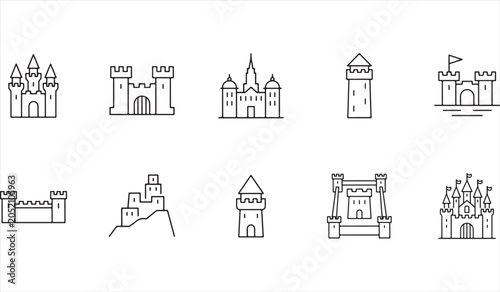 Historic architecture icon pack with castles, strongholds, towers and fortified buildings