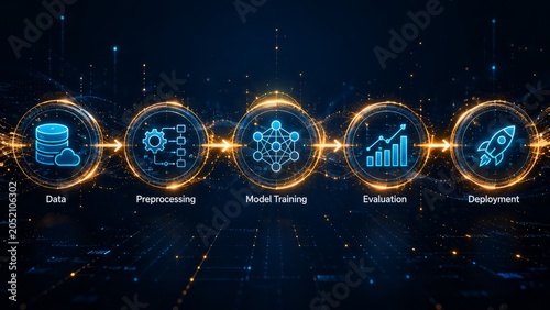 Machine learning workflow process diagram featuring data integration and model training development steps in a futuristic digital environment 4K Vedio, High Resolution