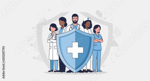 Diverse Medical Team Standing Behind Shield with Cross - Healthcare Security Concept