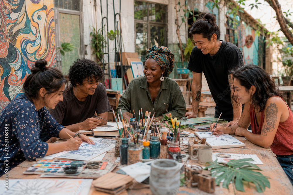 Obraz premium Diverse group creates art together around a lively table