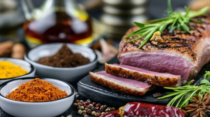 Premium Prepared Duck Breast with Exotic Spices and Herbs on Slate Board with Garnish
