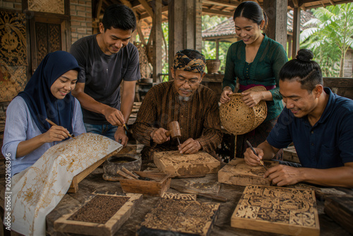 Five people collaborate on traditional wooden crafts