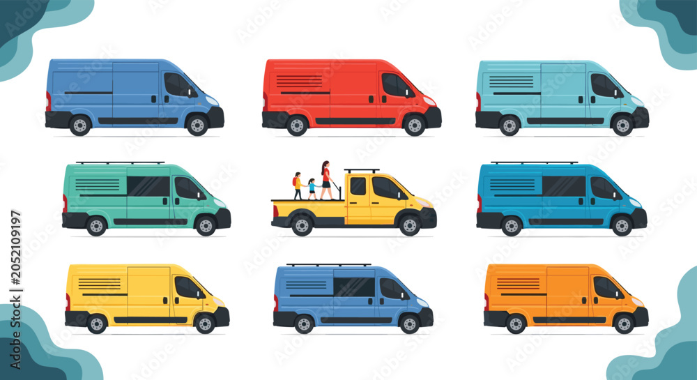Fototapeta premium Large collection of delivery vans in various colors and a yellow flatbed truck carrying people on a clean white background.
