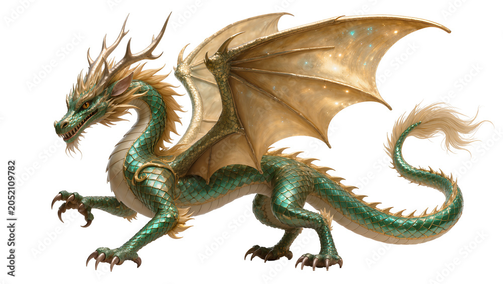 Fototapeta premium Green dragon with golden wings and horns
