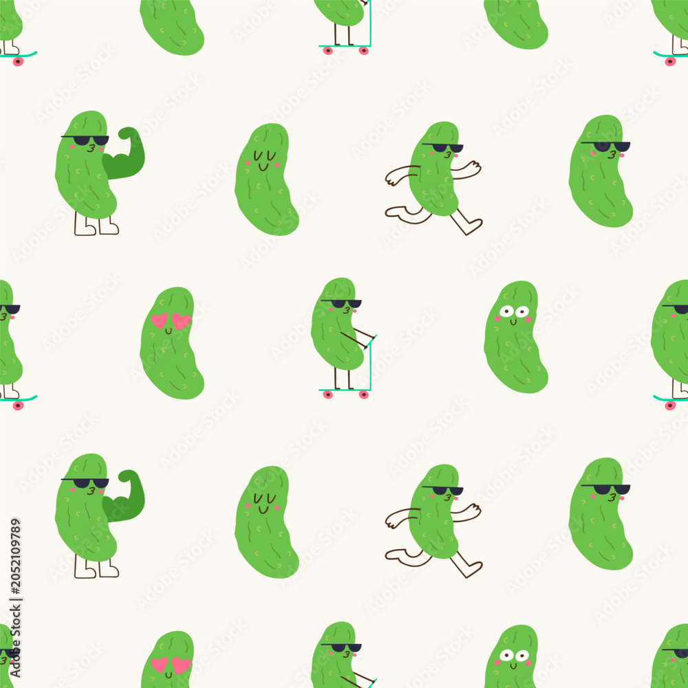 Fototapeta premium Seamless pattern with cute pickle fruit characters funny tropical summer mascots. Vector design.