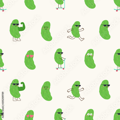 Seamless pattern with cute pickle fruit characters funny tropical summer mascots. Vector design.