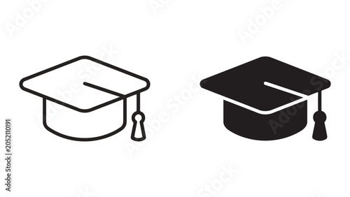 Graduation cap icon set representing academic achievement and education in outline and solid styles
