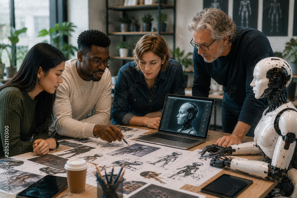 Fototapeta premium Four professionals collaborate with a humanoid robot at a table