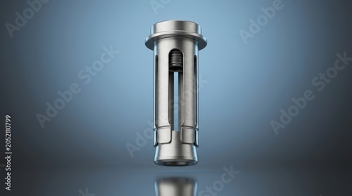 Precision engineered industrial anchor sleeve 3D render, structural concrete fastening component, masonry expansion sleeve, heavy duty steel mounting system