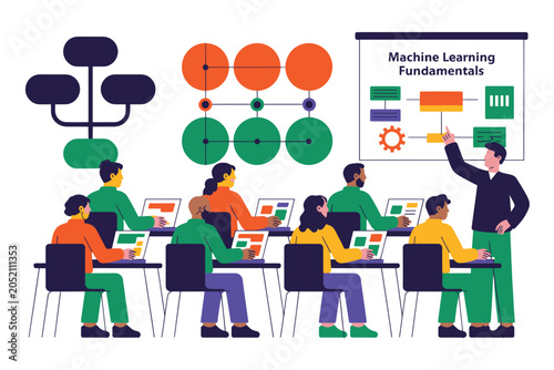 Foto People learning machine learning fundamentals in a classroom setting with a proj