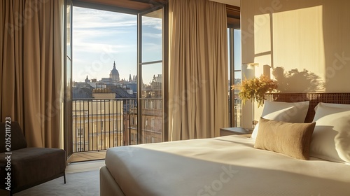 Cozy hotel room with city view at sunrise