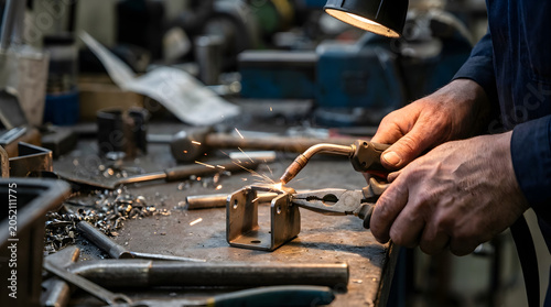 Close up of an experienced metalworker handcrafting a custom copper component in a workshop.