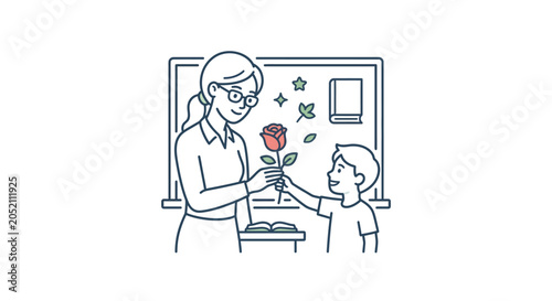 Teacher receiving rose from student in classroom setting