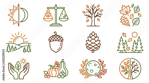 Seasonal Nature Icons with Sun, Trees, and Leaves