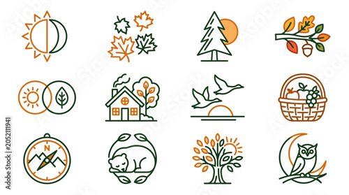 Seasonal Nature Icons Featuring Sun, Trees, and Wildlife