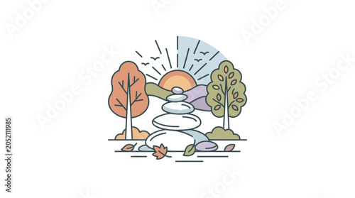 Serene Landscape with Stacked Stones and Sunset