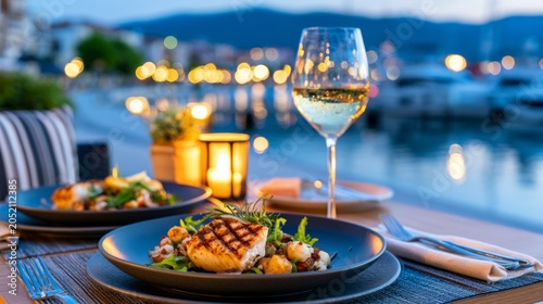 Elegant seaside dinner setting with grilled fish and wine next to a calm marina at dusk with soft lights