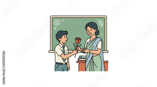 Student gifting a rose to teacher in classroom setting