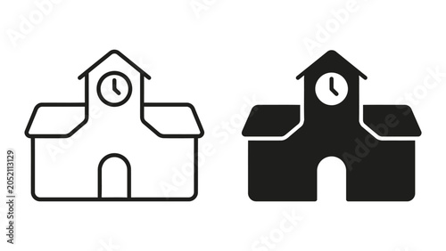 Konstfotografi School building icon set featuring clock tower design in both outline and solid